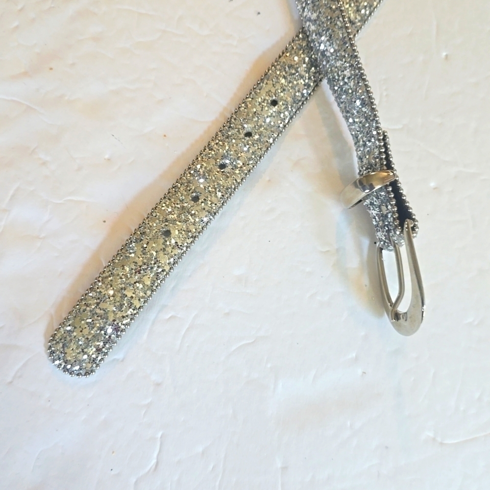 Womens Silver Sparkle Bling Glitter Belt Sparkle Silver Buckle Sz.XL - Picture 5 of 8